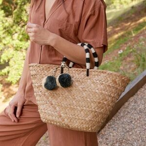 KAYU St. Tropez Pom Pom Straw Tote Natural/Black/White